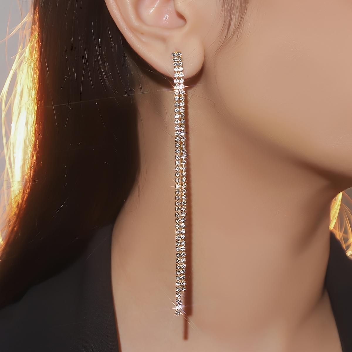 Korean Style Long Rhinestone Tassel Earrings, Fashion Accessory